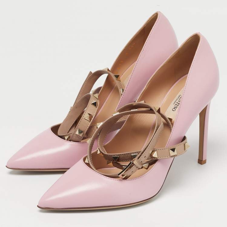 Pre Owned Valentino Pink/Beige Leather Rockstud Cross Over Wrap Pumps Size 38.5