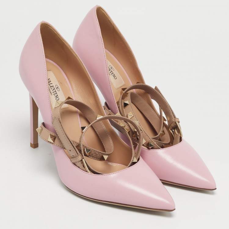 Pre Owned Valentino Pink/Beige Leather Rockstud Cross Over Wrap Pumps Size 38.5