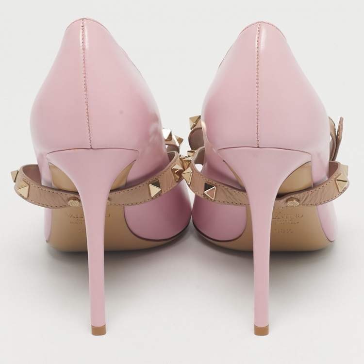 Pre Owned Valentino Pink/Beige Leather Rockstud Cross Over Wrap Pumps Size 38.5