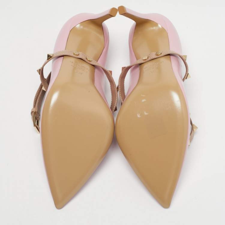 Pre Owned Valentino Pink/Beige Leather Rockstud Cross Over Wrap Pumps Size 38.5