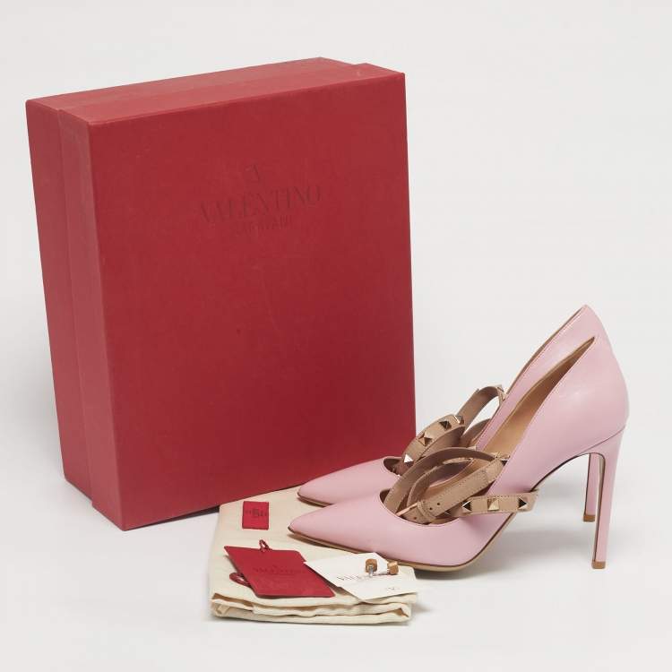 Pre Owned Valentino Pink/Beige Leather Rockstud Cross Over Wrap Pumps Size 38.5