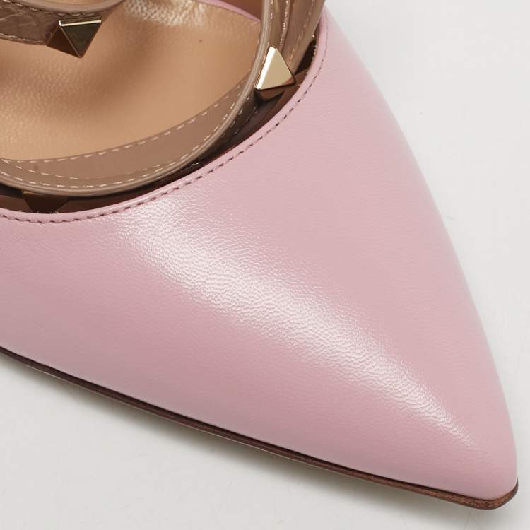 Pre Owned Valentino Pink/Beige Leather Rockstud Cross Over Wrap Pumps Size 38.5