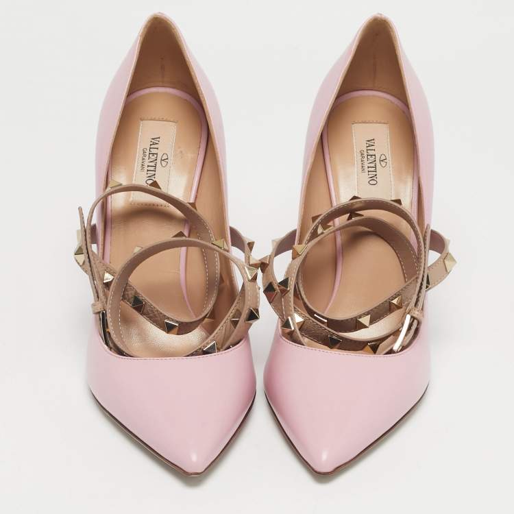 Pre Owned Valentino Pink/Beige Leather Rockstud Cross Over Wrap Pumps Size 38.5