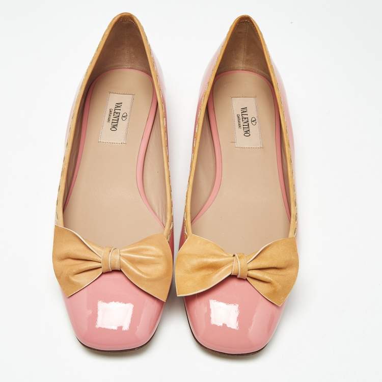 Pre Owned Valentino Pink Patent Leather Rockstud Bow Ballet Flats Size 37