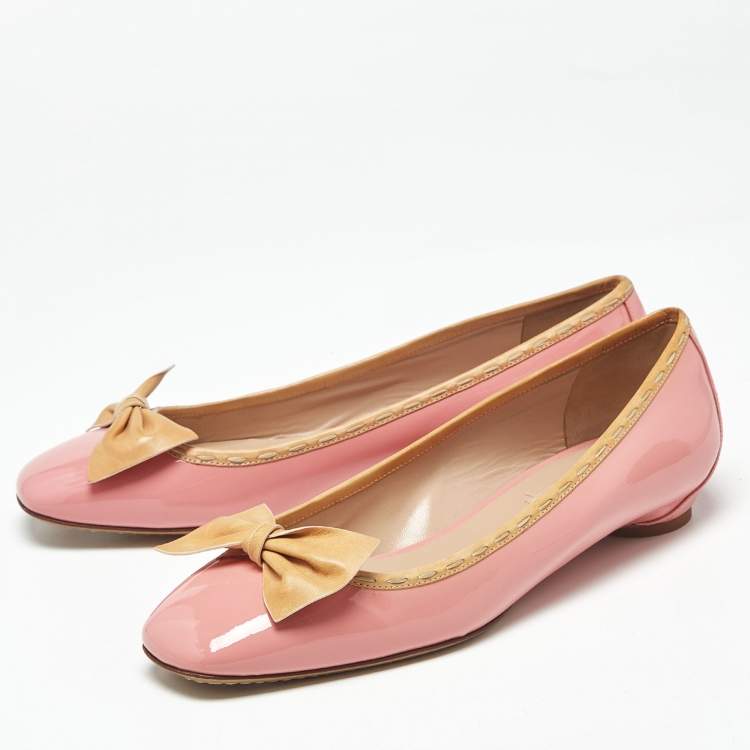 Pre Owned Valentino Pink Patent Leather Rockstud Bow Ballet Flats Size 37