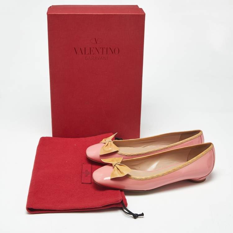 Pre Owned Valentino Pink Patent Leather Rockstud Bow Ballet Flats Size 37