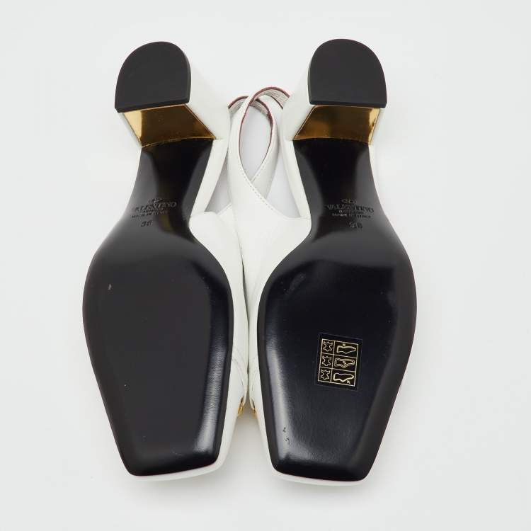 Pre Owned Valentino White Leather VLogo Chain Block Heel Slingback Pumps Size 36