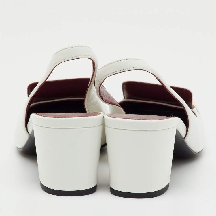 Pre Owned Valentino White Leather VLogo Chain Block Heel Slingback Pumps Size 36