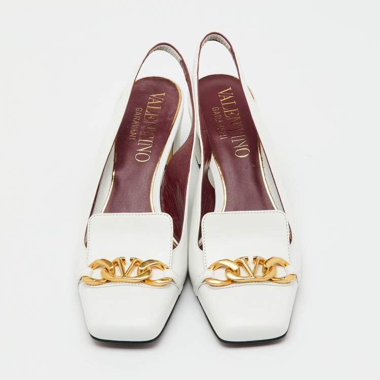 Pre Owned Valentino White Leather VLogo Chain Block Heel Slingback Pumps Size 36