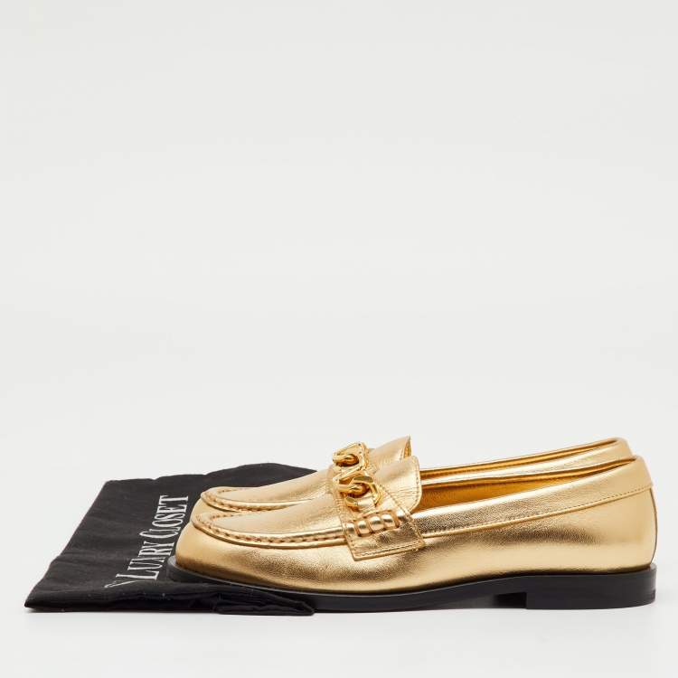 Pre Owned Valentino Gold Leather VLogo Chain Slip On Loafers Size 35