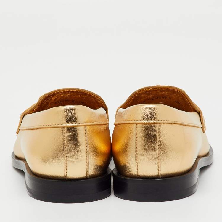 Pre Owned Valentino Gold Leather VLogo Chain Slip On Loafers Size 35