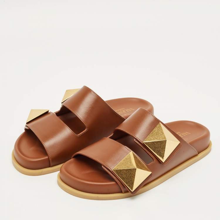 Pre Owned Valentino Brown Leather Roman Stud Flat Slides Size 36