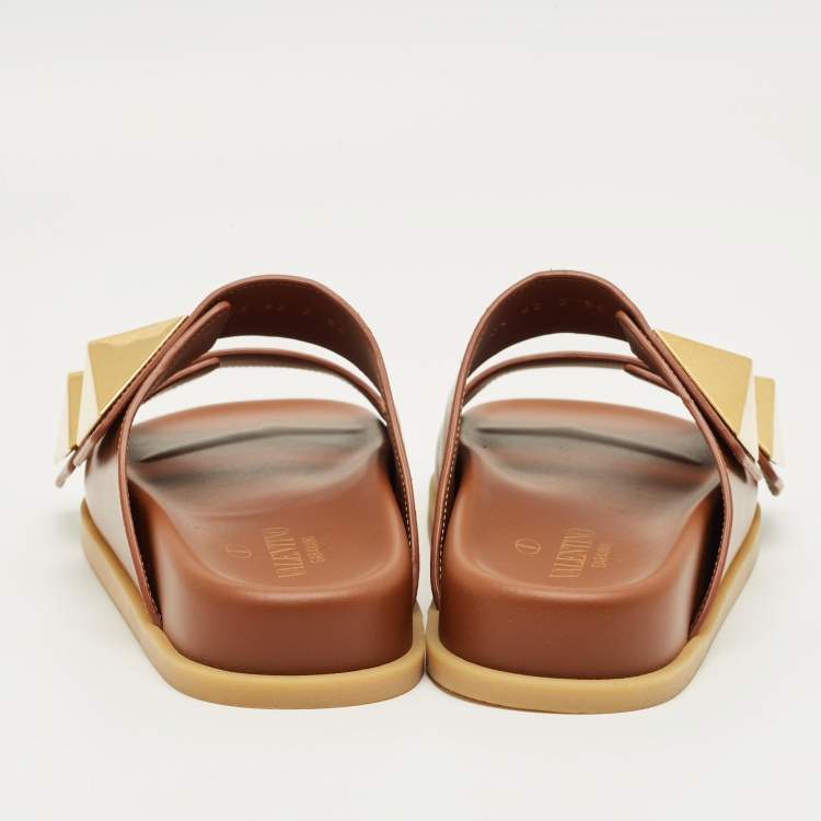 Pre Owned Valentino Brown Leather Roman Stud Flat Slides Size 36