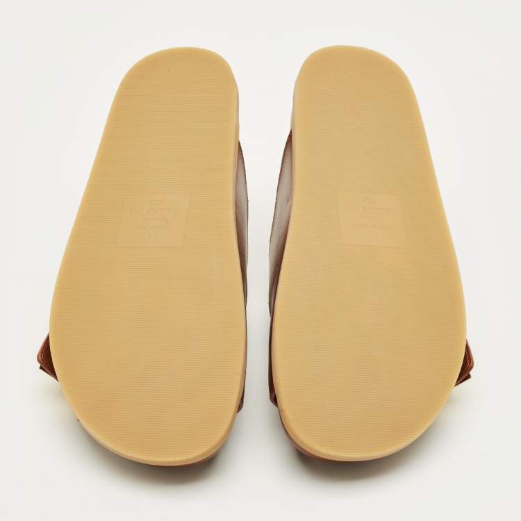 Pre Owned Valentino Brown Leather Roman Stud Flat Slides Size 36