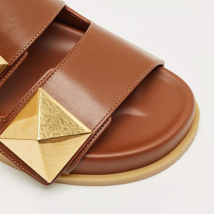 Pre Owned Valentino Brown Leather Roman Stud Flat Slides Size 36