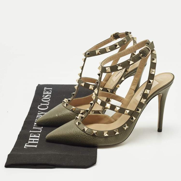 Pre Owned Valentino Green Leather Rockstud Ankle Strap Pumps Size 38