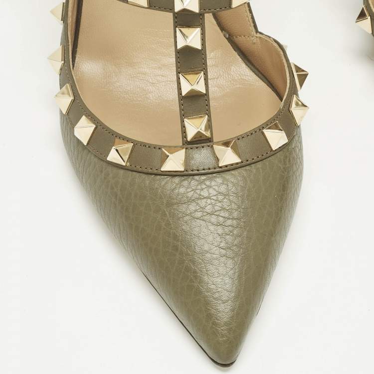 Pre Owned Valentino Green Leather Rockstud Ankle Strap Pumps Size 38