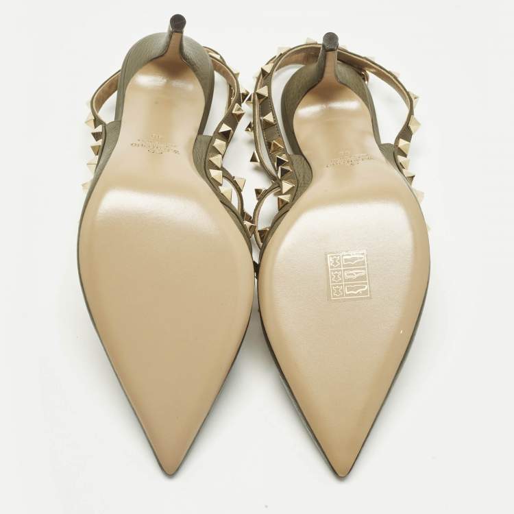 Pre Owned Valentino Green Leather Rockstud Ankle Strap Pumps Size 38