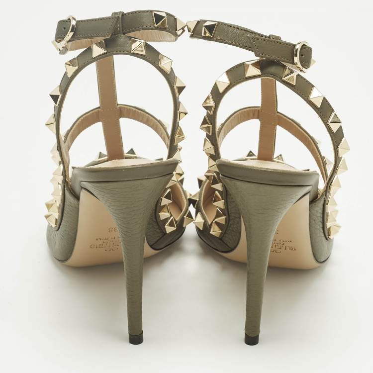 Pre Owned Valentino Green Leather Rockstud Ankle Strap Pumps Size 38