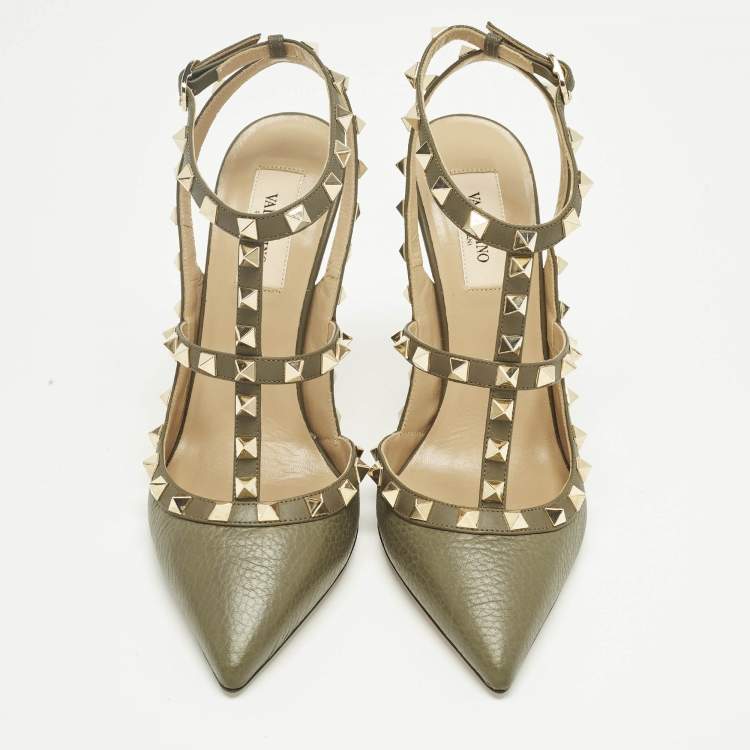 Pre Owned Valentino Green Leather Rockstud Ankle Strap Pumps Size 38