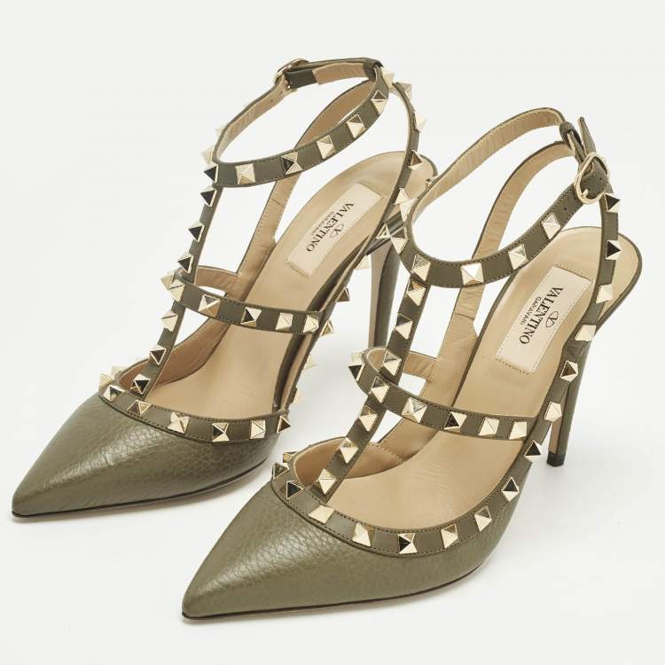 Pre Owned Valentino Green Leather Rockstud Ankle Strap Pumps Size 38