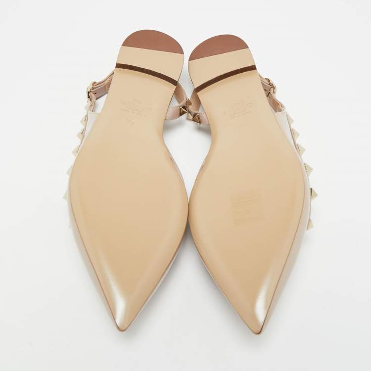 Pre Owned Valentino Rockstud Size 35 Beige Patent Leather Slingback Ballet Flats