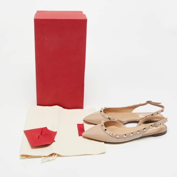 Pre Owned Valentino Rockstud Size 35 Beige Patent Leather Slingback Ballet Flats