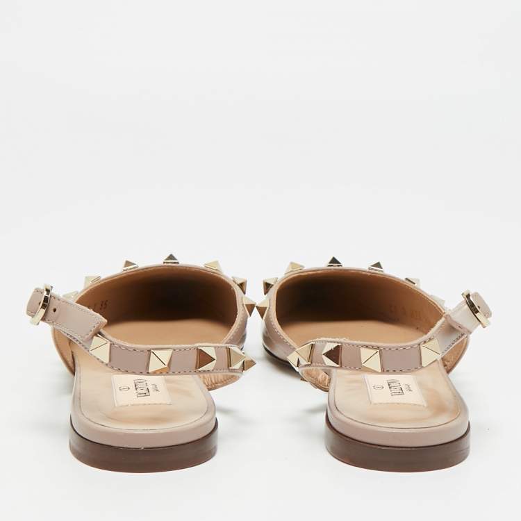 Pre Owned Valentino Rockstud Size 35 Beige Patent Leather Slingback Ballet Flats