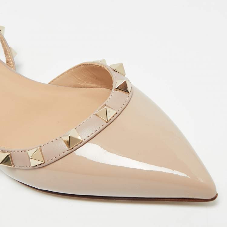 Pre Owned Valentino Rockstud Size 35 Beige Patent Leather Slingback Ballet Flats