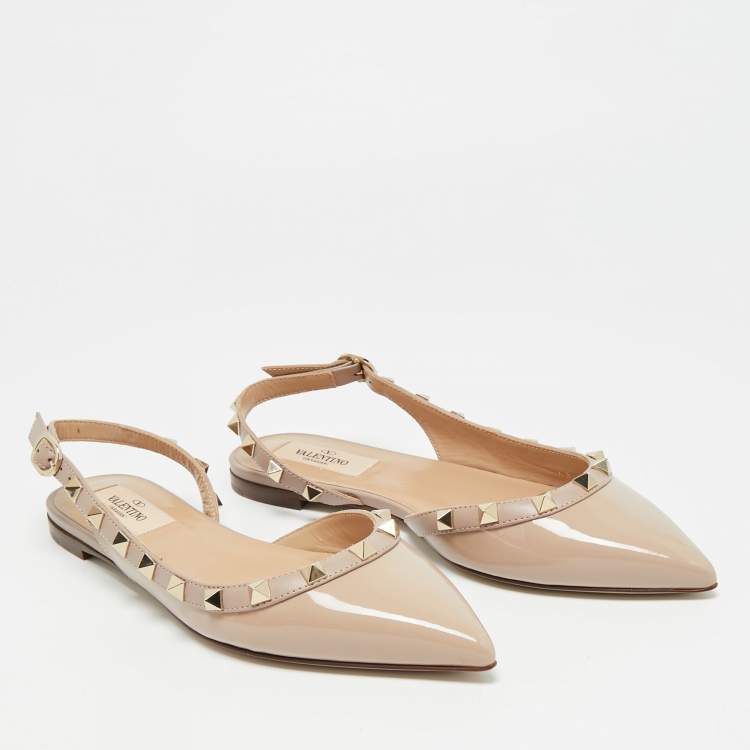 Pre Owned Valentino Rockstud Size 35 Beige Patent Leather Slingback Ballet Flats