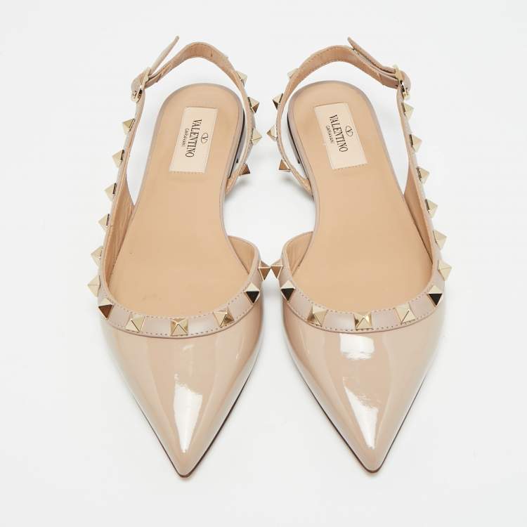 Pre Owned Valentino Rockstud Size 35 Beige Patent Leather Slingback Ballet Flats