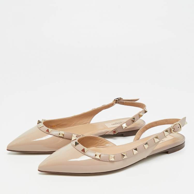 Pre Owned Valentino Rockstud Size 35 Beige Patent Leather Slingback Ballet Flats