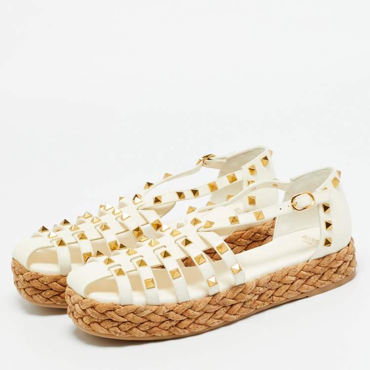 Pre Owned Valentino Rockstud Size 38 Cream Leather Cork Flat Sandals