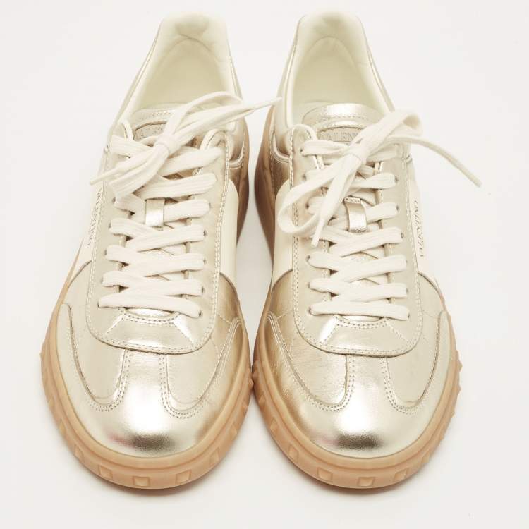 Pre Owned Valentino Upvillage Size 41 Gold Leather Low Top Sneakers