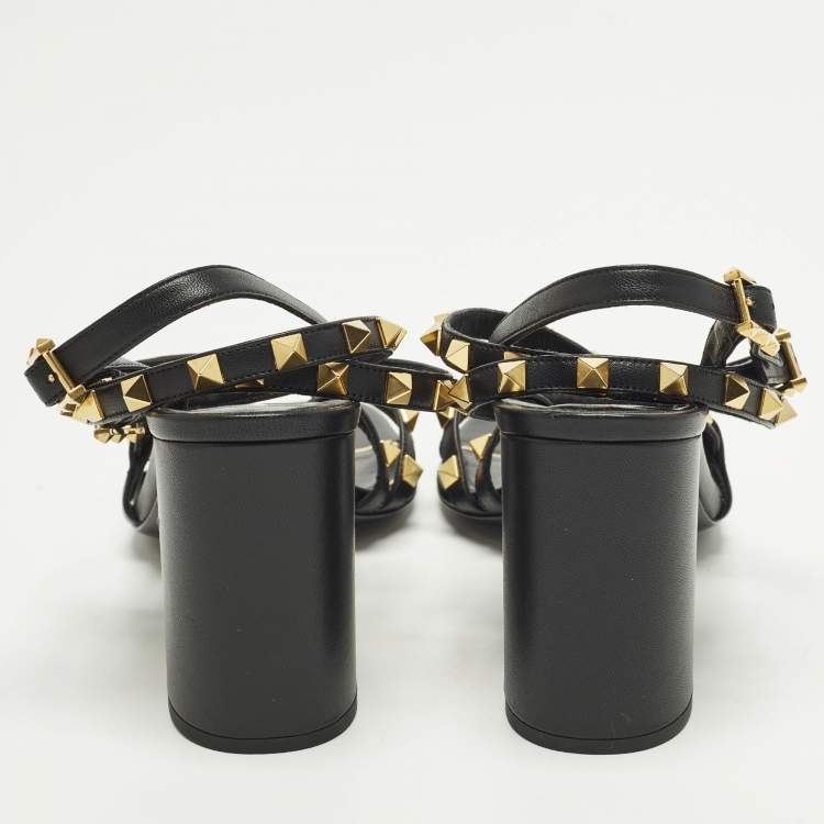 Pre Owned Valentino Rockstud Size 39.5 Black Leather Ankle Strap Sandals