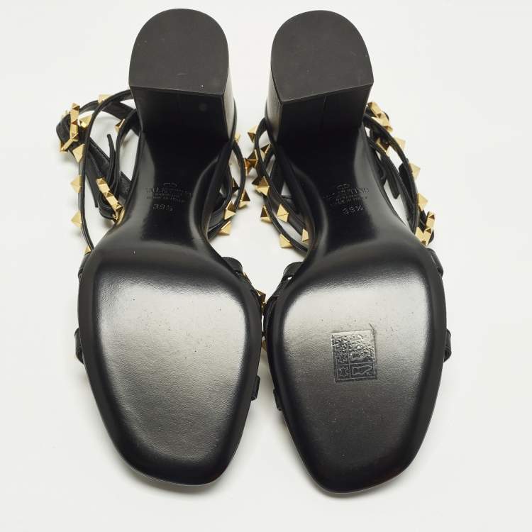 Pre Owned Valentino Rockstud Size 39.5 Black Leather Ankle Strap Sandals