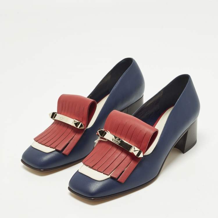 Pre Owned Valentino Rockstud Size 37 Blue/Red Leather Block Heel Loafer Pumps