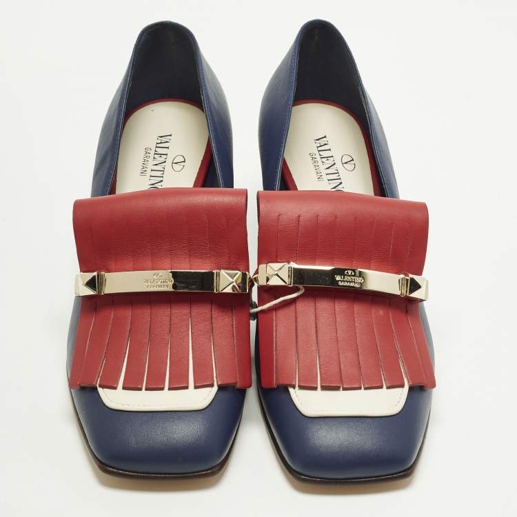 Pre Owned Valentino Rockstud Size 37 Blue/Red Leather Block Heel Loafer Pumps