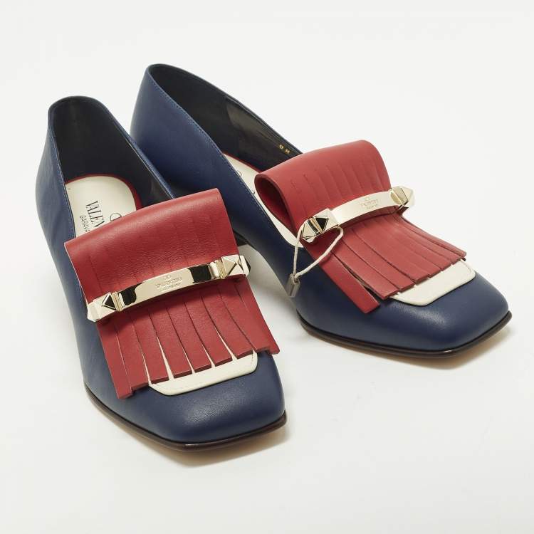 Pre Owned Valentino Rockstud Size 37 Blue/Red Leather Block Heel Loafer Pumps