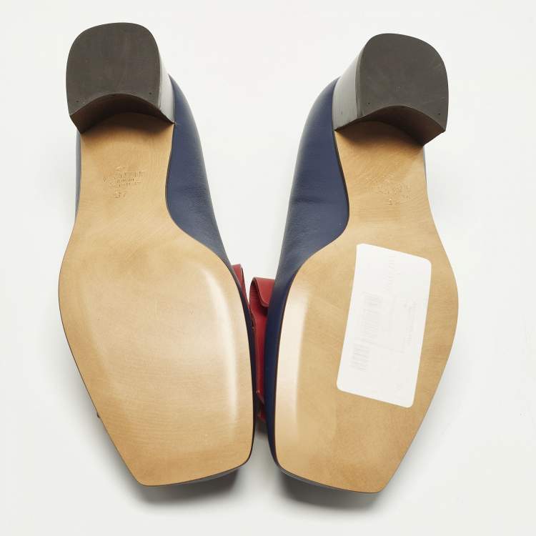 Pre Owned Valentino Rockstud Size 37 Blue/Red Leather Block Heel Loafer Pumps
