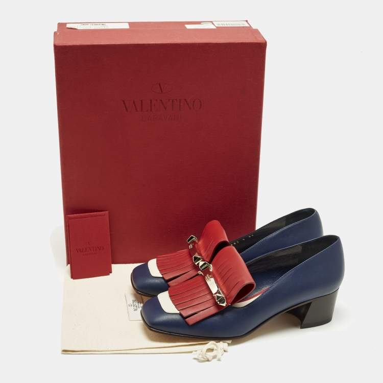 Pre Owned Valentino Rockstud Size 37 Blue/Red Leather Block Heel Loafer Pumps