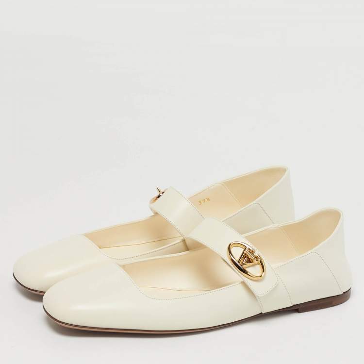 Pre Owned Valentino VLogo Size 39.5 Cream Leather Ballet Flats