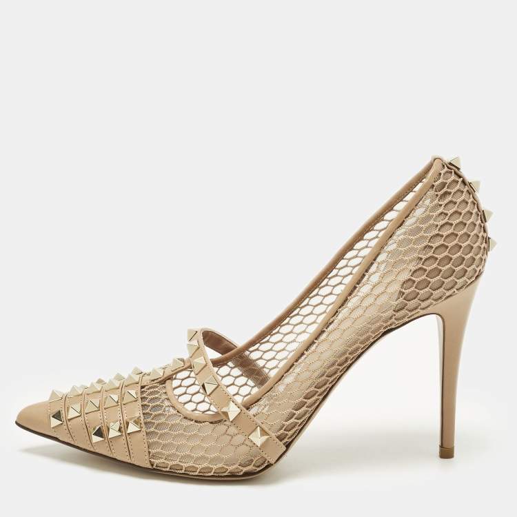 Pre Owned Valentino Alcove Size 38.5 Beige Leather and Mesh Pumps