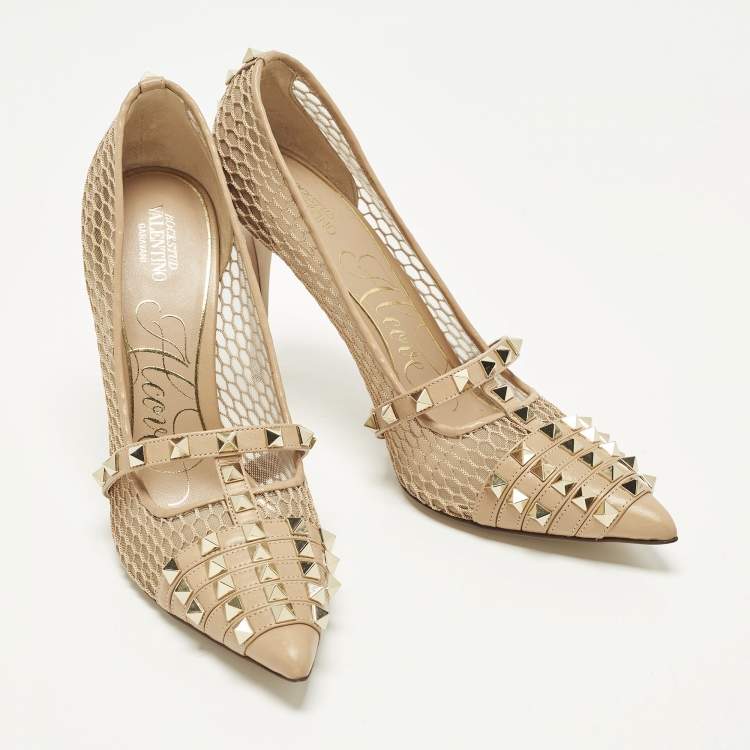 Pre Owned Valentino Alcove Size 38.5 Beige Leather and Mesh Pumps