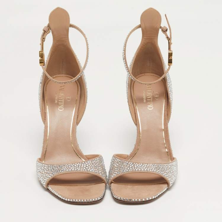 Pre Owned Valentino Tan-Go Size 37 Silver Suede Crystal Embellished Ankle Strap Sandals