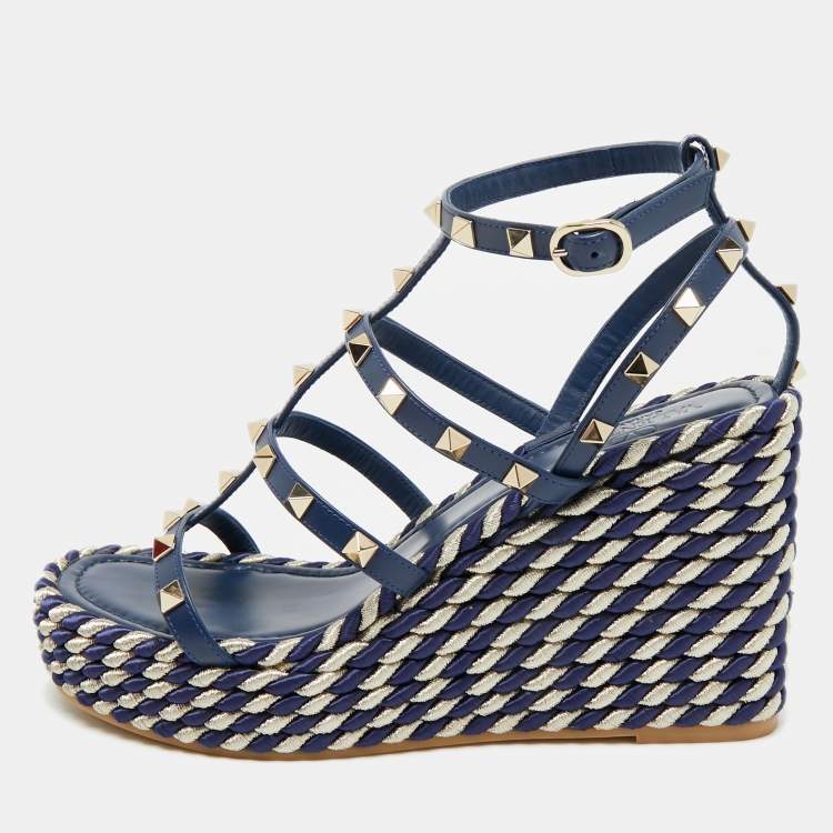Pre Owned Valentino Rockstud Size 39 Navy Blue Leather Wedge Sandals