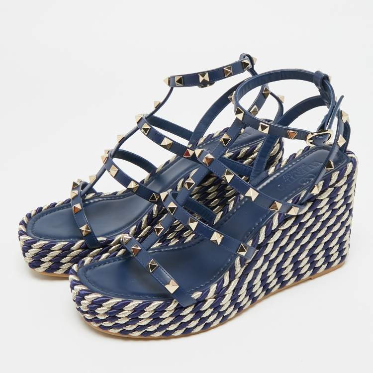 Pre Owned Valentino Rockstud Size 39 Navy Blue Leather Wedge Sandals