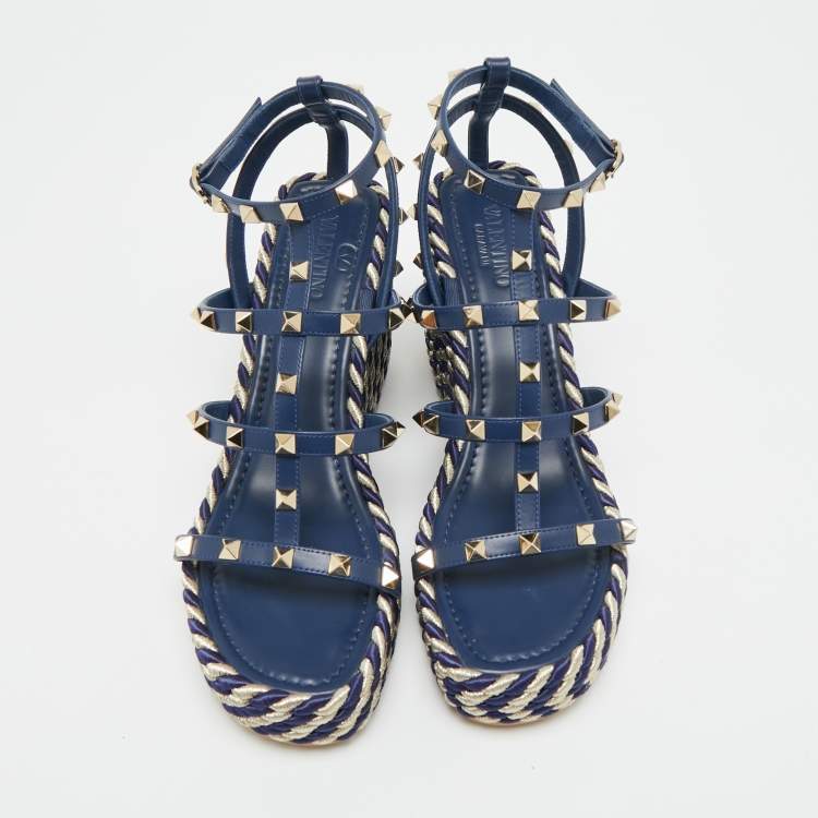 Pre Owned Valentino Rockstud Size 39 Navy Blue Leather Wedge Sandals