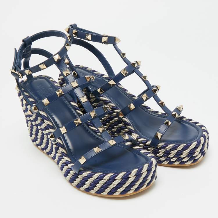 Pre Owned Valentino Rockstud Size 39 Navy Blue Leather Wedge Sandals