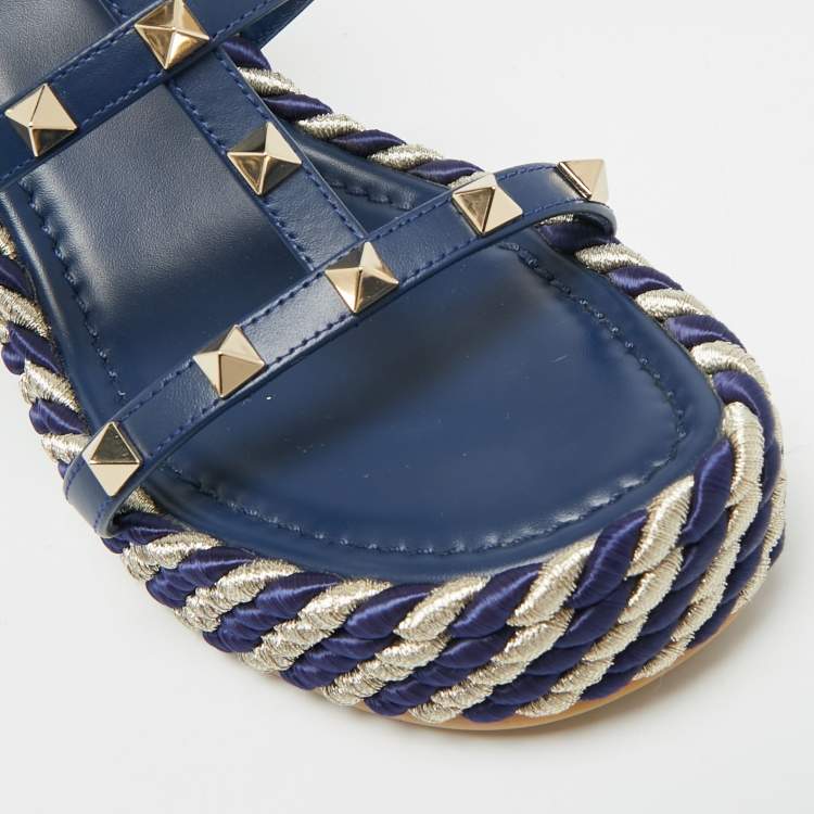 Pre Owned Valentino Rockstud Size 39 Navy Blue Leather Wedge Sandals